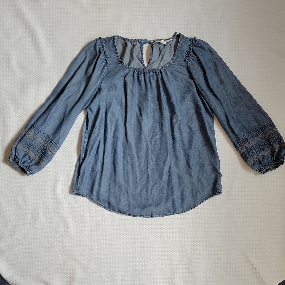Lauren Conrad Womens XS Flowy Denim Long Sleeve Blouse Embroidery & Bow Tie Acct